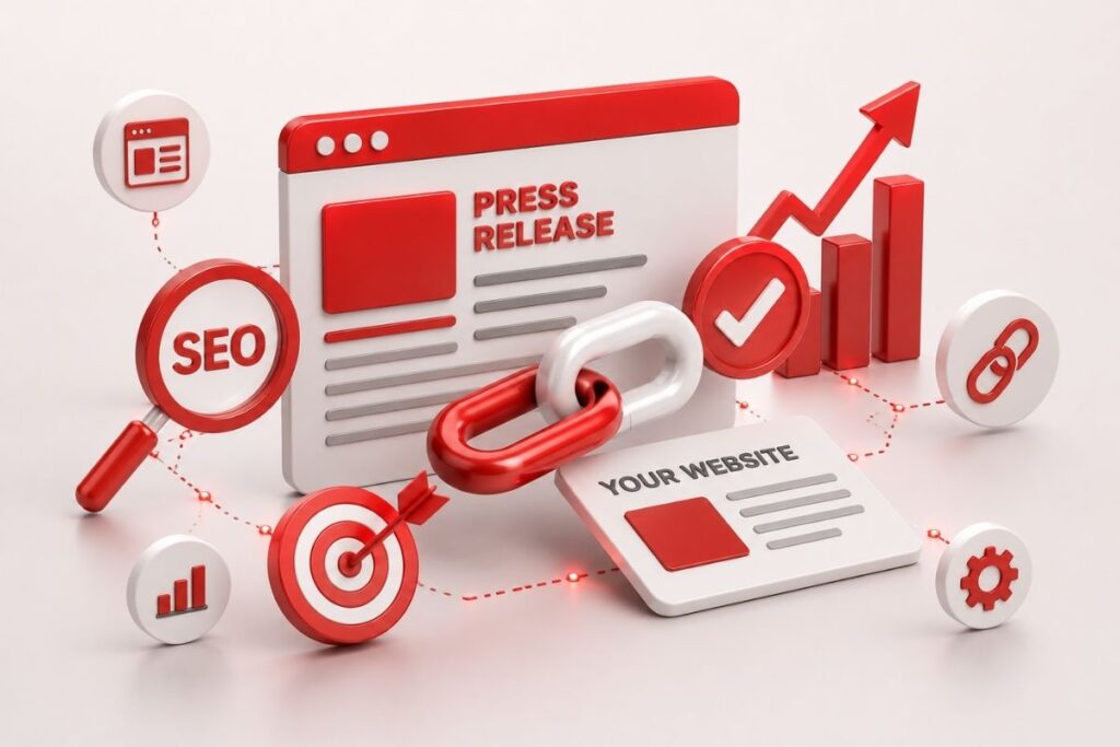 Conceptual illustration showing a press release document generating SEO backlinks for website growth
