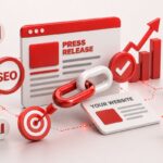 Conceptual illustration showing a press release document generating SEO backlinks for website growth
