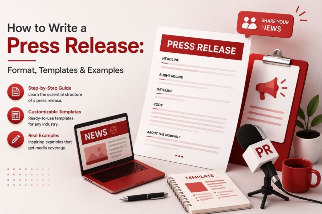 How to write a press release: A visual guide showing a document template and media elements.