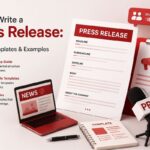 How to write a press release: A visual guide showing a document template and media elements.