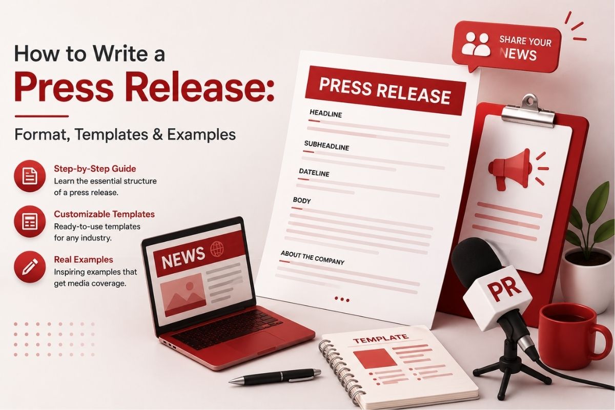 How to write a press release: A visual guide showing a document template and media elements.