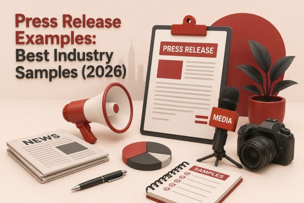3D illustration of a megaphone, clipboard, and newspaper representing the best press release examples and industry samples.