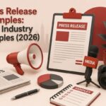 3D illustration of a megaphone, clipboard, and newspaper representing the best press release examples and industry samples.