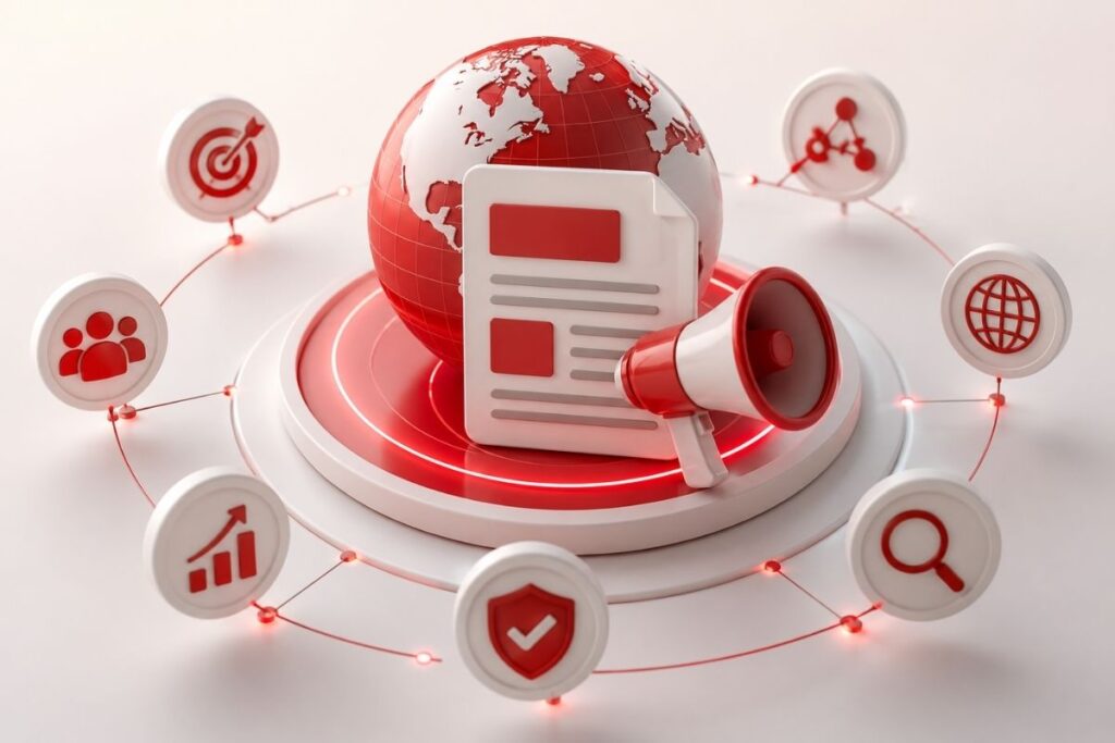 Right press release distribution platform global network concept