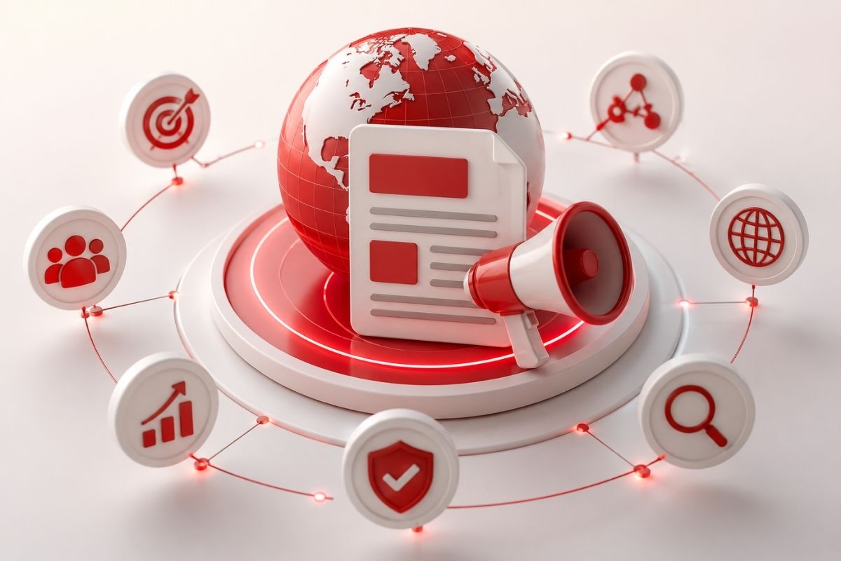 Right press release distribution platform global network concept