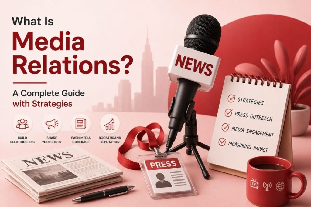 Media relations: A visual guide showing a microphone, press materials, and PR outreach strategies.