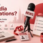 Media relations: A visual guide showing a microphone, press materials, and PR outreach strategies.