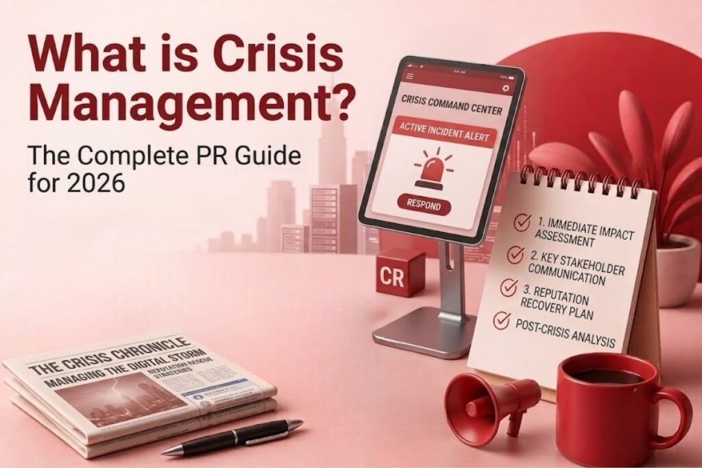 What is crisis management PR guide cover image showing a digital tablet, megaphone, newspaper, and coffee cup on a desk.