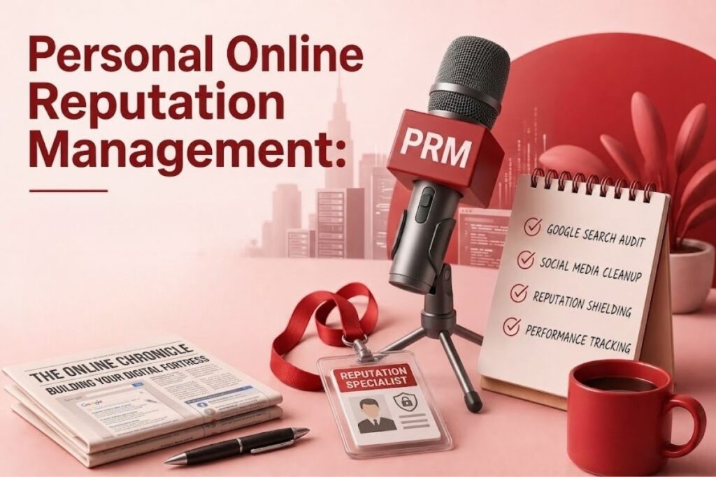 Personal online reputation management guide cover image featuring a professional desk setup with a microphone, notebook, and coffee cup.