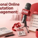 Personal online reputation management guide cover image featuring a professional desk setup with a microphone, notebook, and coffee cup.