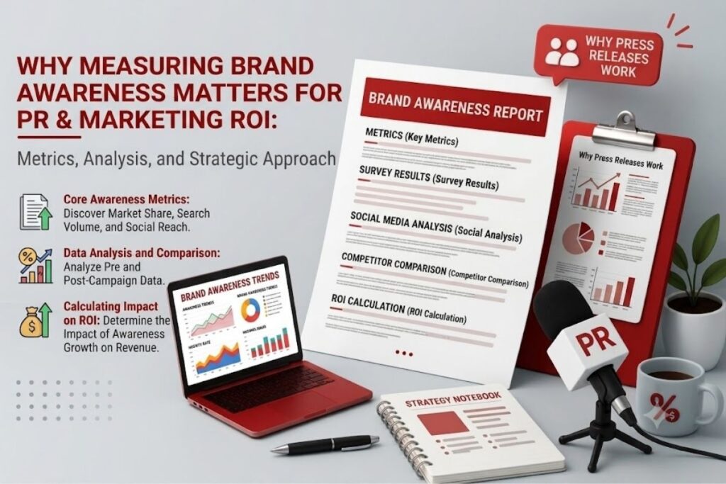 How to measure brand awareness: A visual guide displaying performance metrics, reports, and marketing ROI charts.