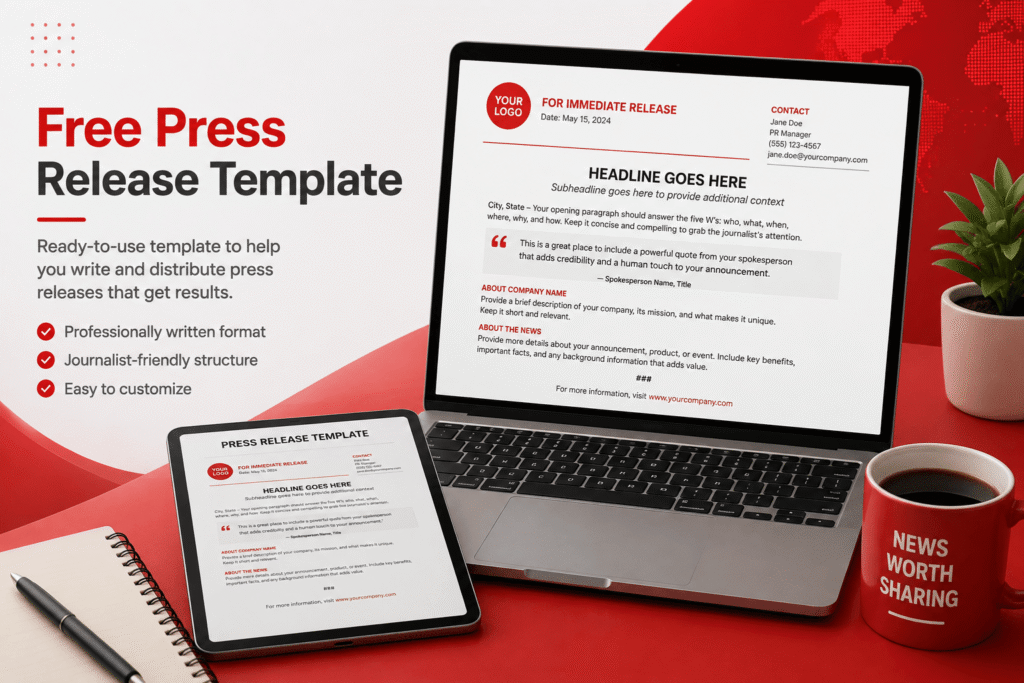 Free press release template preview shown on laptop and tablet screens