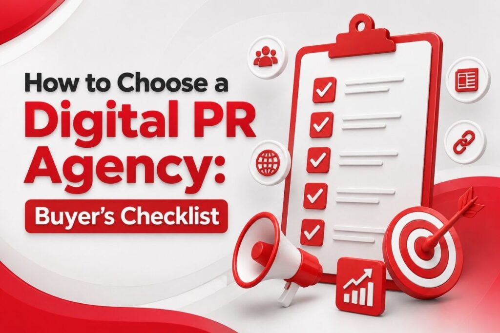 Buyer's checklist graphic showing how to choose a digital PR agency