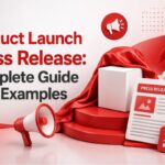 3D graphic featuring a rocket, microphone, and a press camera with the text Product Launch Press Release Complete Guide with Examples