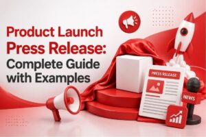 3D graphic featuring a rocket, microphone, and a press camera with the text Product Launch Press Release Complete Guide with Examples