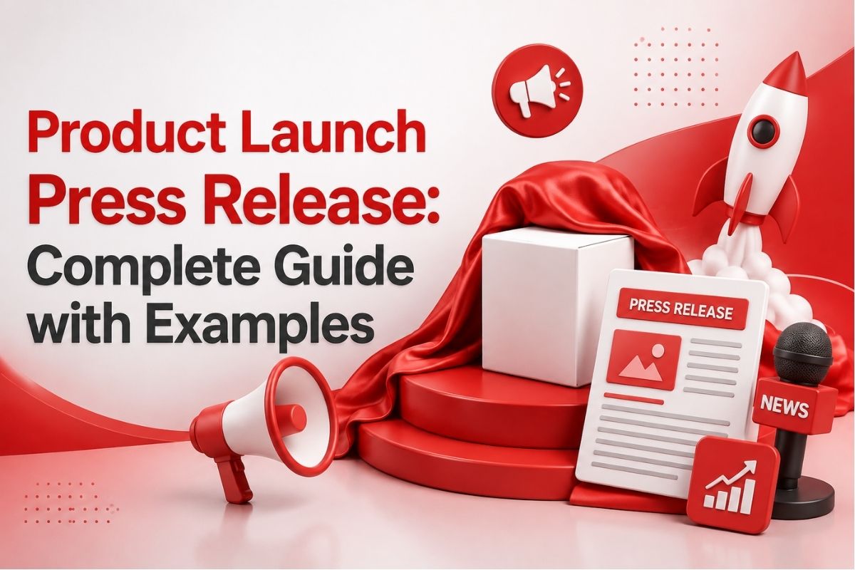 3D graphic featuring a rocket, microphone, and a press camera with the text Product Launch Press Release Complete Guide with Examples