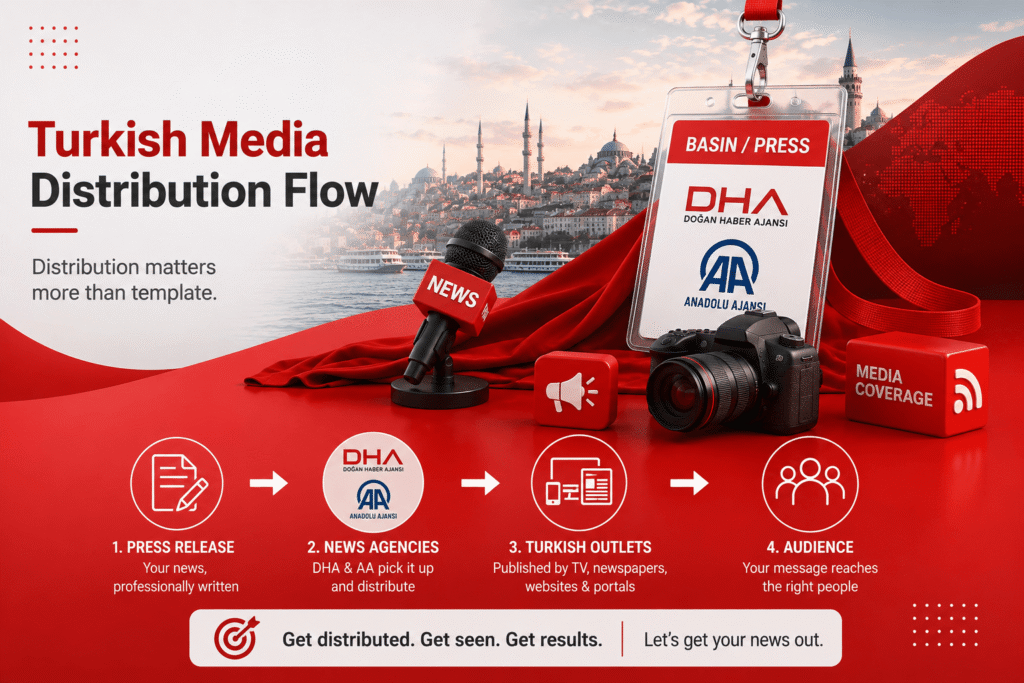 Turkish media distribution flow from press release to DHA and Anadolu Ajansı to outlets and audience