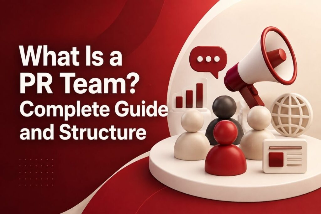 What Is a PR Team? 3D cover image featuring a PR team, megaphone, communication icons, analytics, and global media elements in dark red, white, and cream tones.