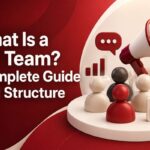 What Is a PR Team? 3D cover image featuring a PR team, megaphone, communication icons, analytics, and global media elements in dark red, white, and cream tones.