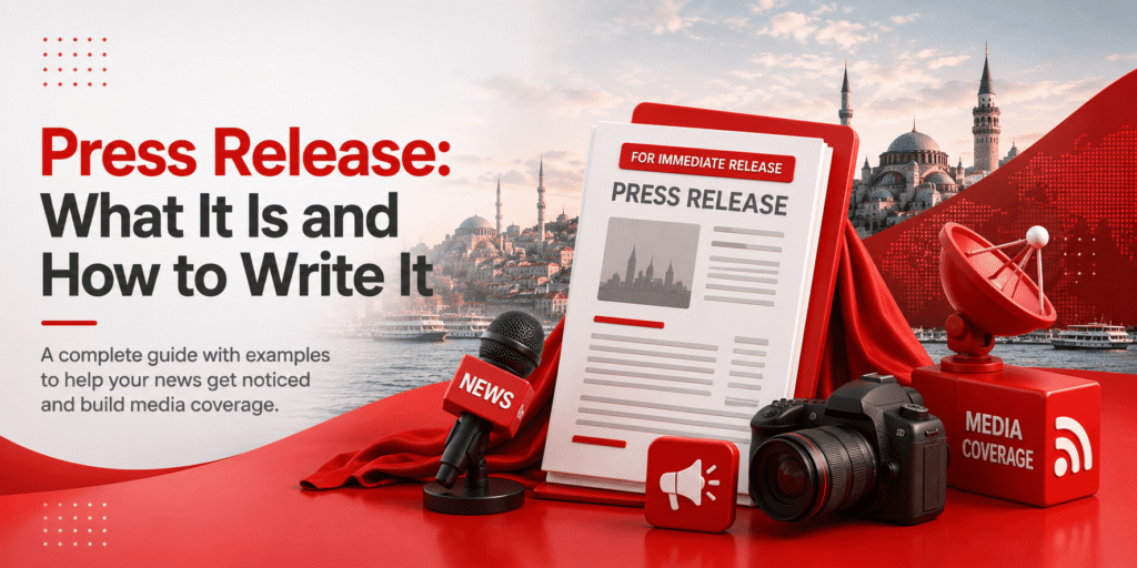 Press release examples and templates guide with media coverage icons and Istanbul skyline