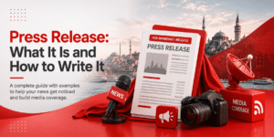 Press release examples and templates guide with media coverage icons and Istanbul skyline