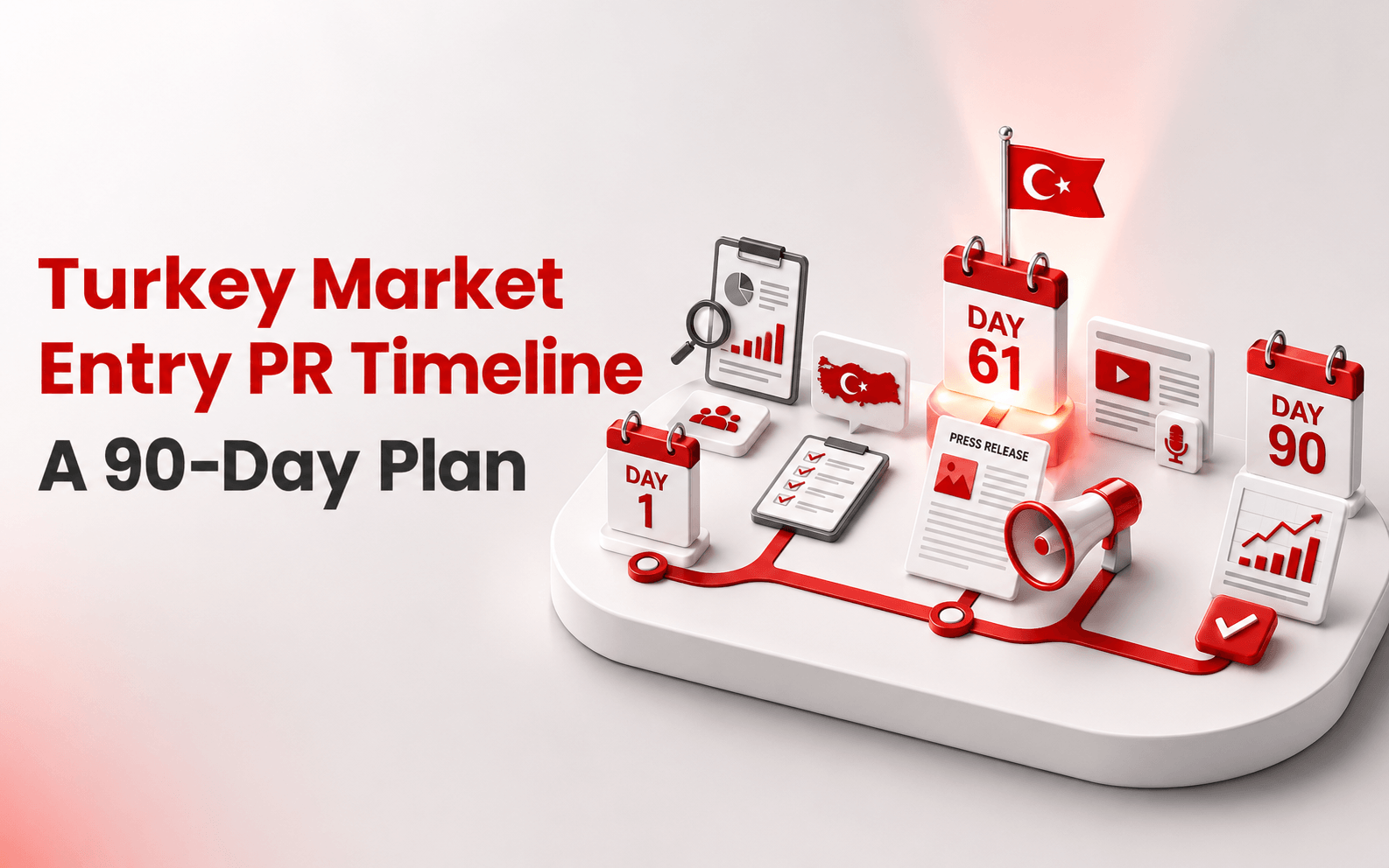 Turkey market entry PR timeline showing planning, launch day, media outreach and reporting across 90 days