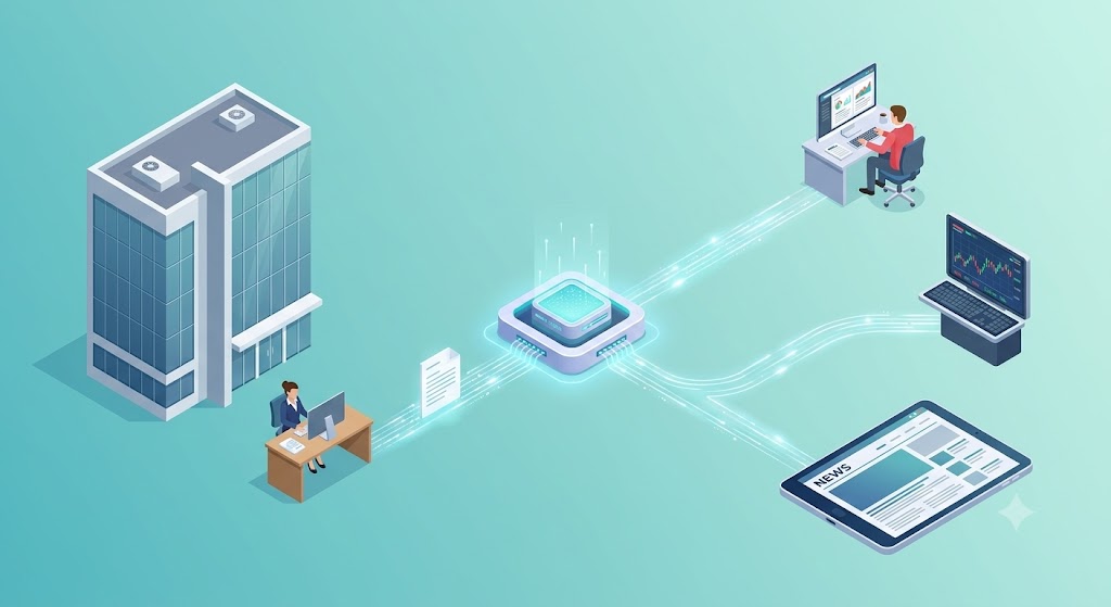 : Isometric infographic illustrating what a newswire is and how a distribution network delivers press releases from a corporate office to journalists, financial terminals, and news websites.