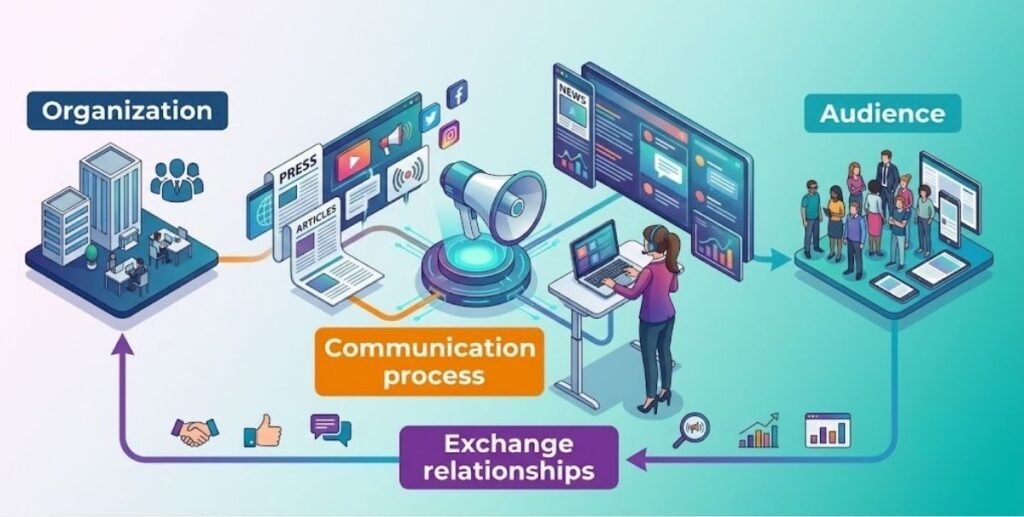 Diagram explaining what is a PR team communication process, showing the exchange relationships between an organization, media channels, and the target audience.
