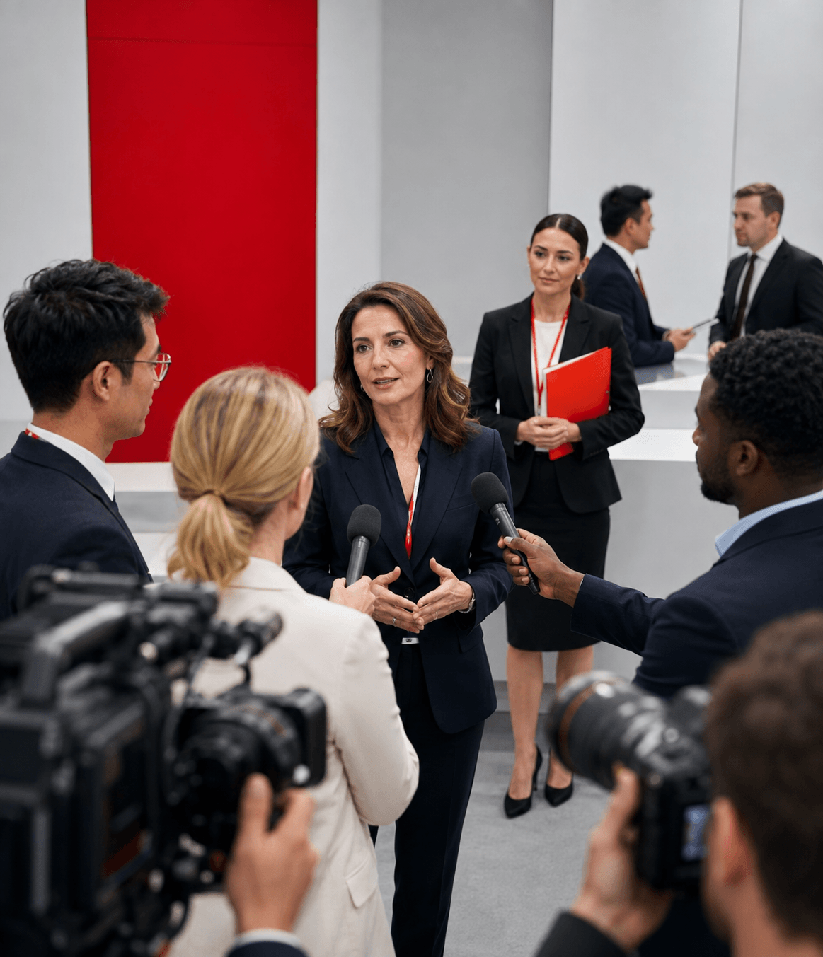 International journalists interviewing a corporate executive during a media event in Turkey