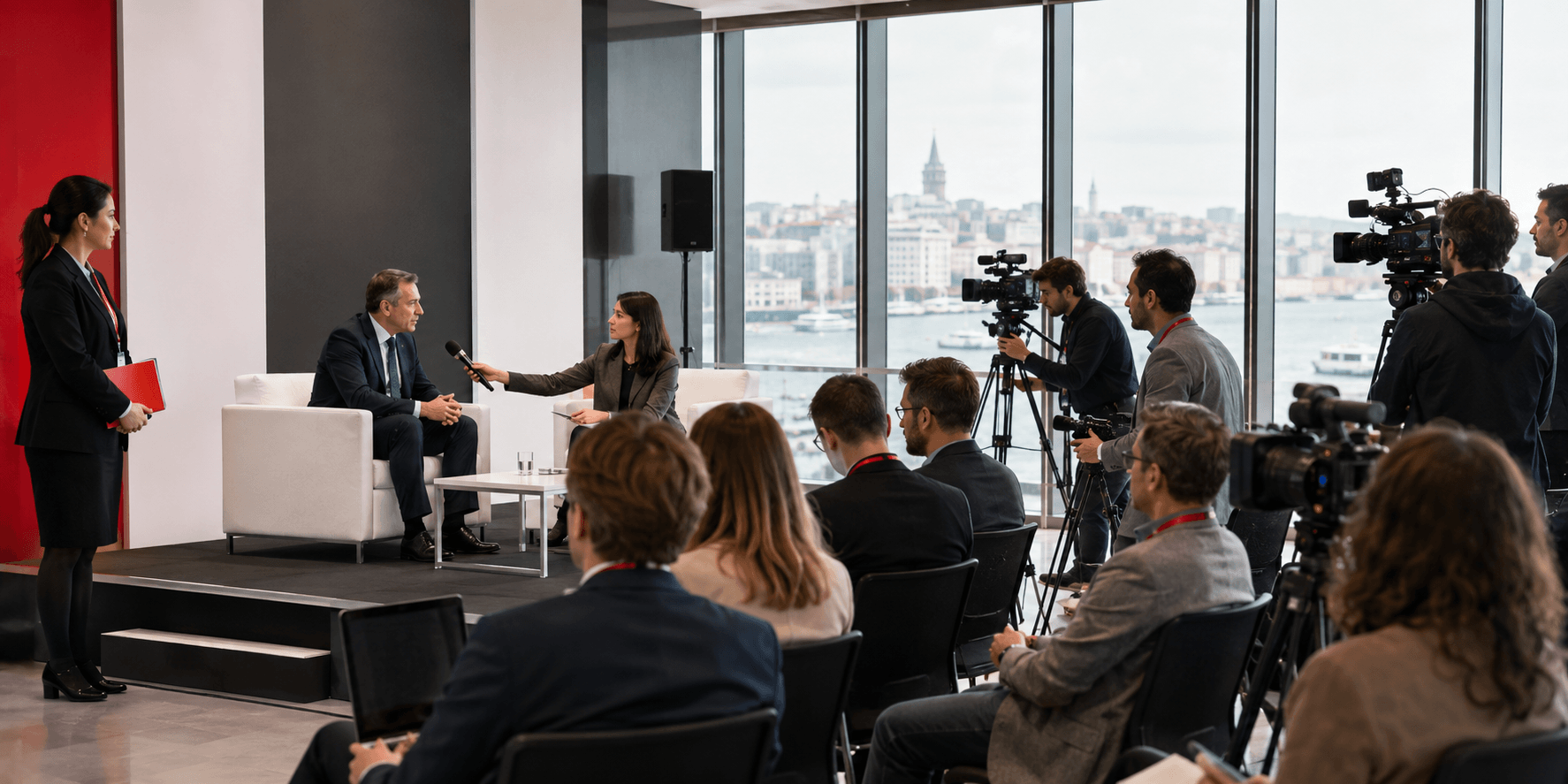 Journalists and camera crews attending a professionally managed press conference in Istanbul