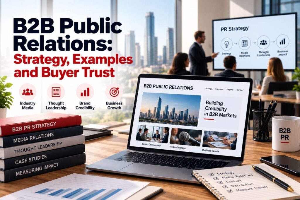 B2B public relations strategy featuring industry media, thought leadership, brand credibility and buyer trust in a corporate business environment.