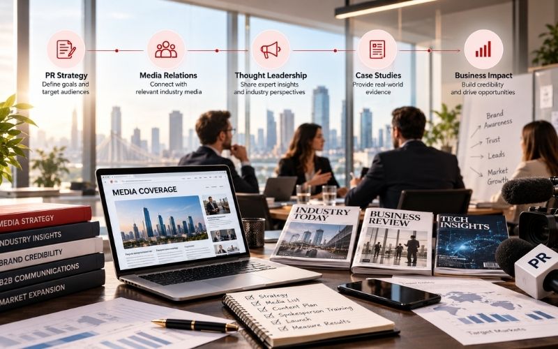 B2B public relations strategy illustrating industry media relations, thought leadership, business decision-makers and buyer trust.