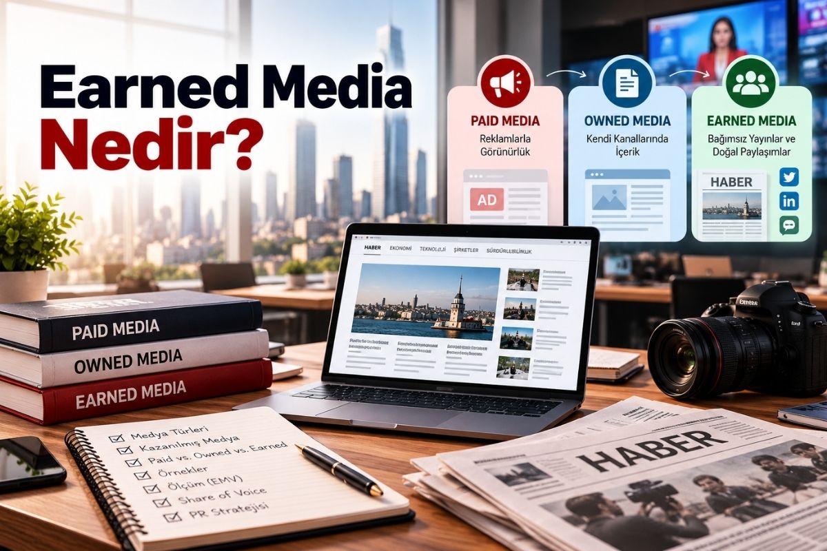 Earned Media Value (EMV) calculation concept featuring a PR analytics dashboard, media coverage charts, press release documents, and a calculator.