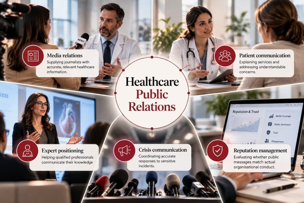 Healthcare public relations infographic showing five core activities: media relations, patient communication, expert positioning, crisis communication and reputation management.