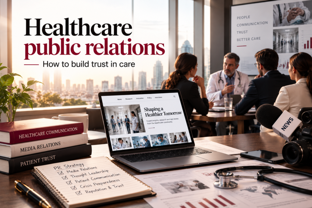Healthcare public relations strategy featuring medical media relations, healthcare communication, expert interviews and patient trust.