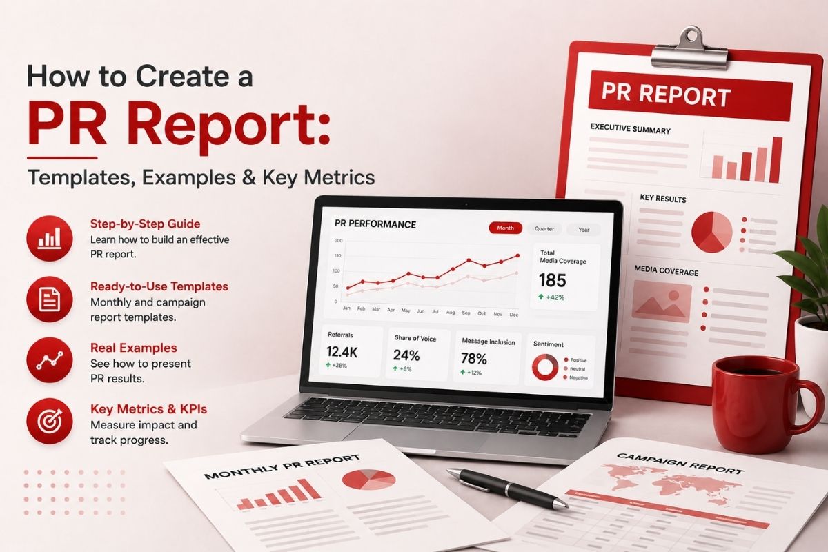 PR reporting guide featuring a performance dashboard, monthly PR report templates, media coverage analysis, and key metrics.