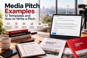 Media pitch examples featuring 12 email templates, journalist outreach strategies, writing tips, and PR Turkey media relations resources.