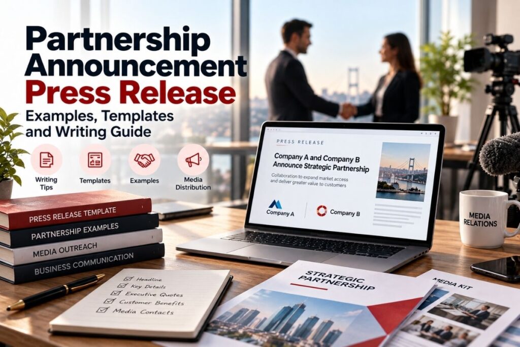 Partnership announcement press release writing guide with business handshake, press release templates, examples, and media distribution materials