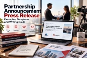 Partnership announcement press release writing guide with business handshake, press release templates, examples, and media distribution materials