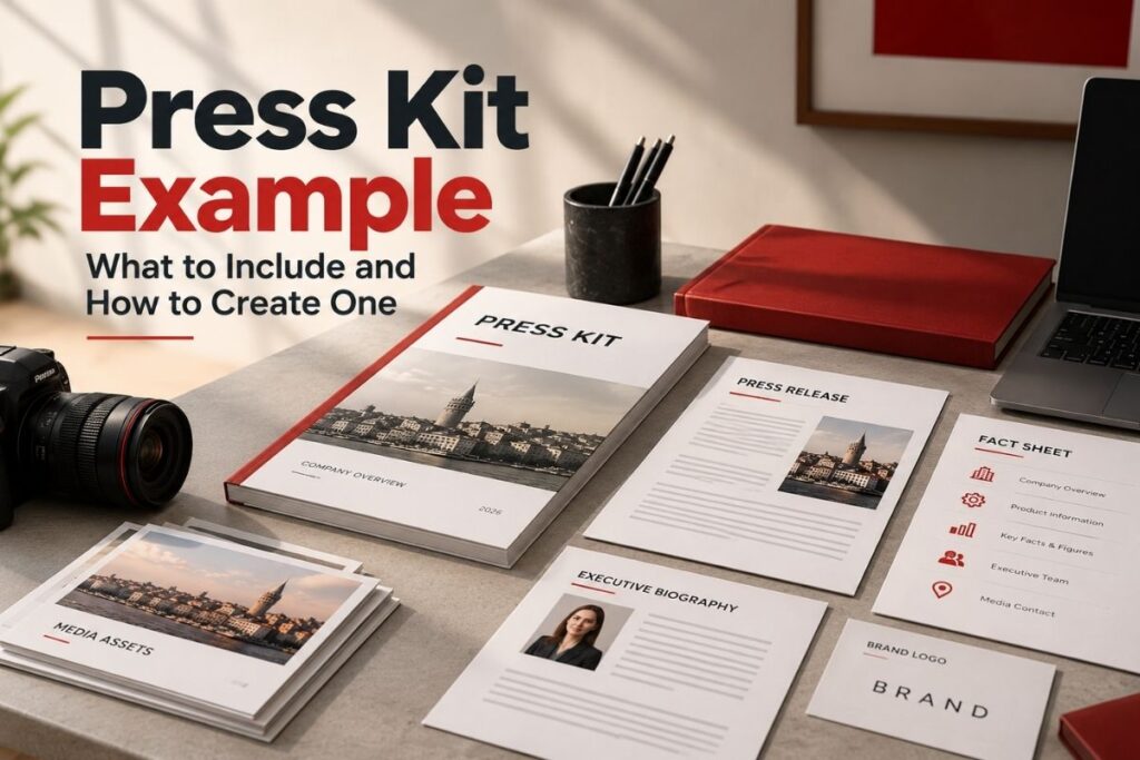 Press kit example featuring a press release, company fact sheet, executive biography, media assets, and branded documents with red accents.