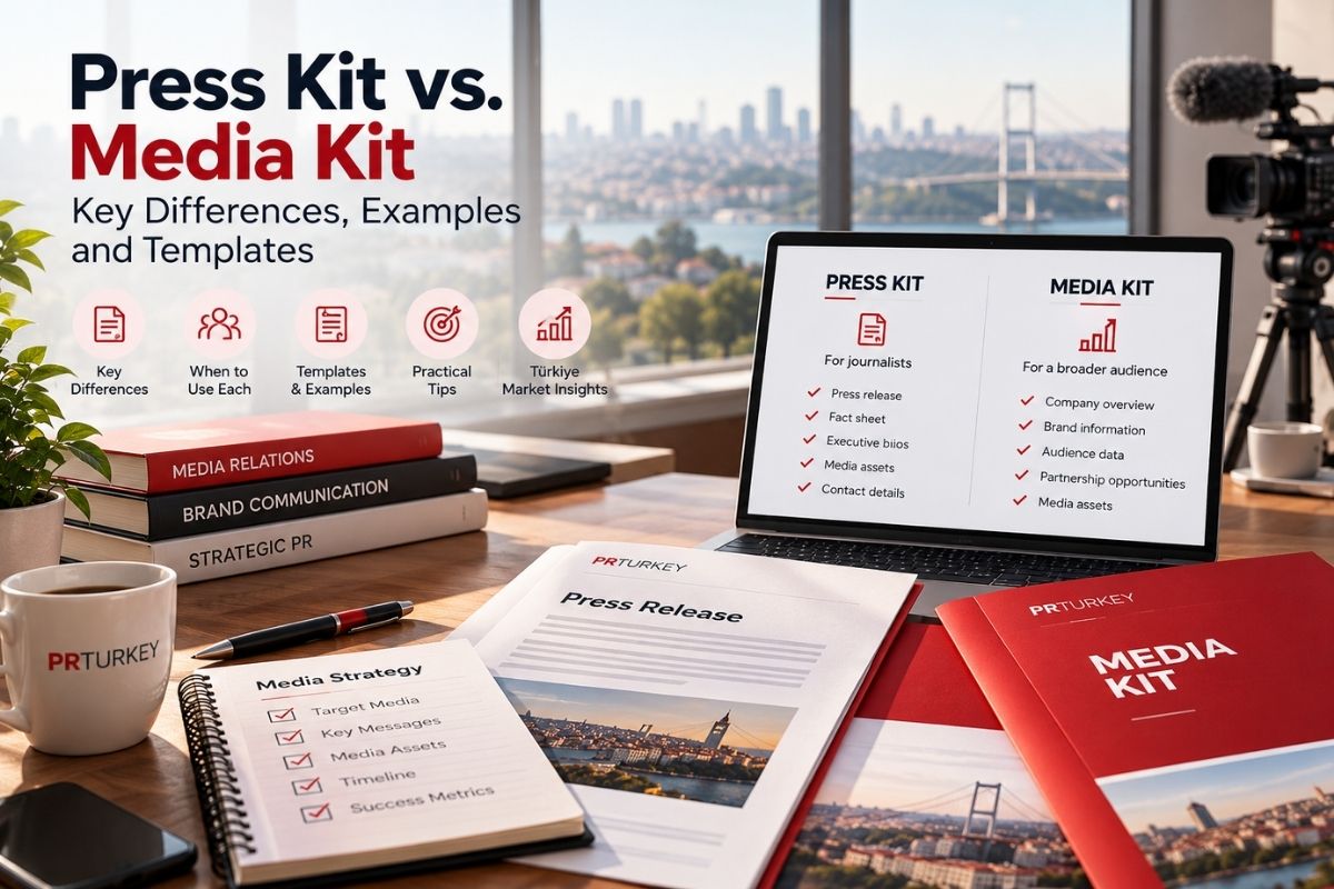 Press kit vs media kit comparison in a professional PR office, featuring a laptop displaying key differences, press releases, media assets, and branded documents.