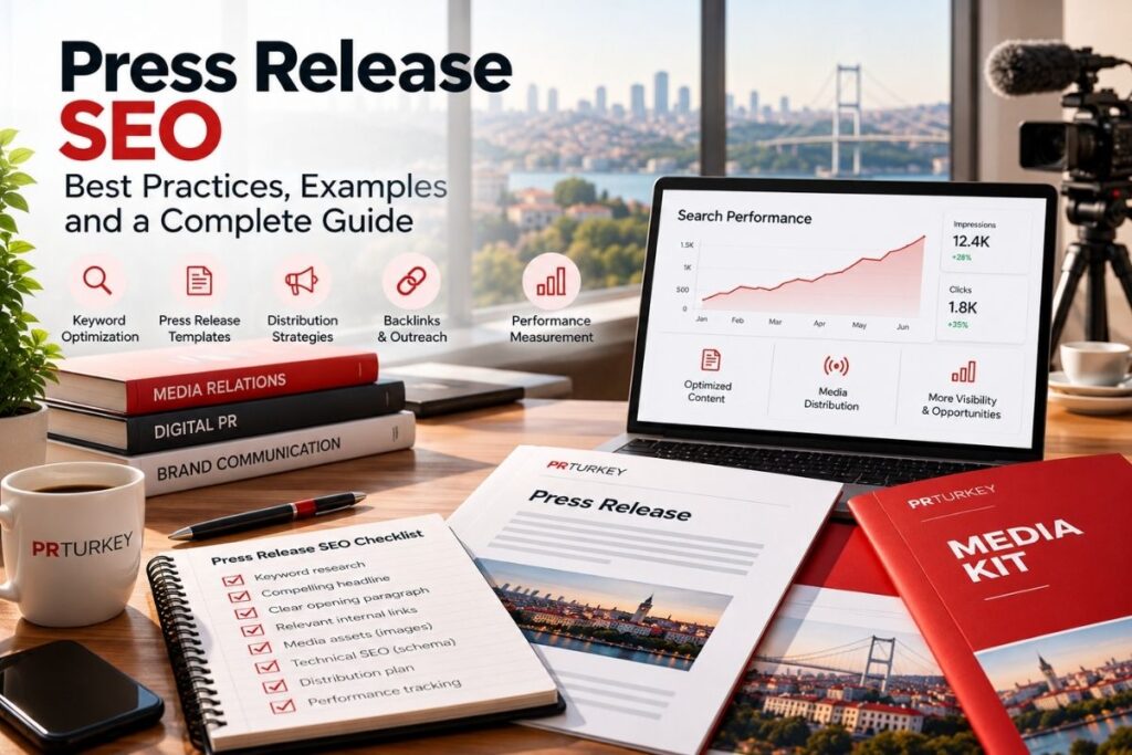 Press release SEO guide featuring keyword optimization, distribution strategies, backlinks, technical SEO checklist, and PR Turkey media relations materials.