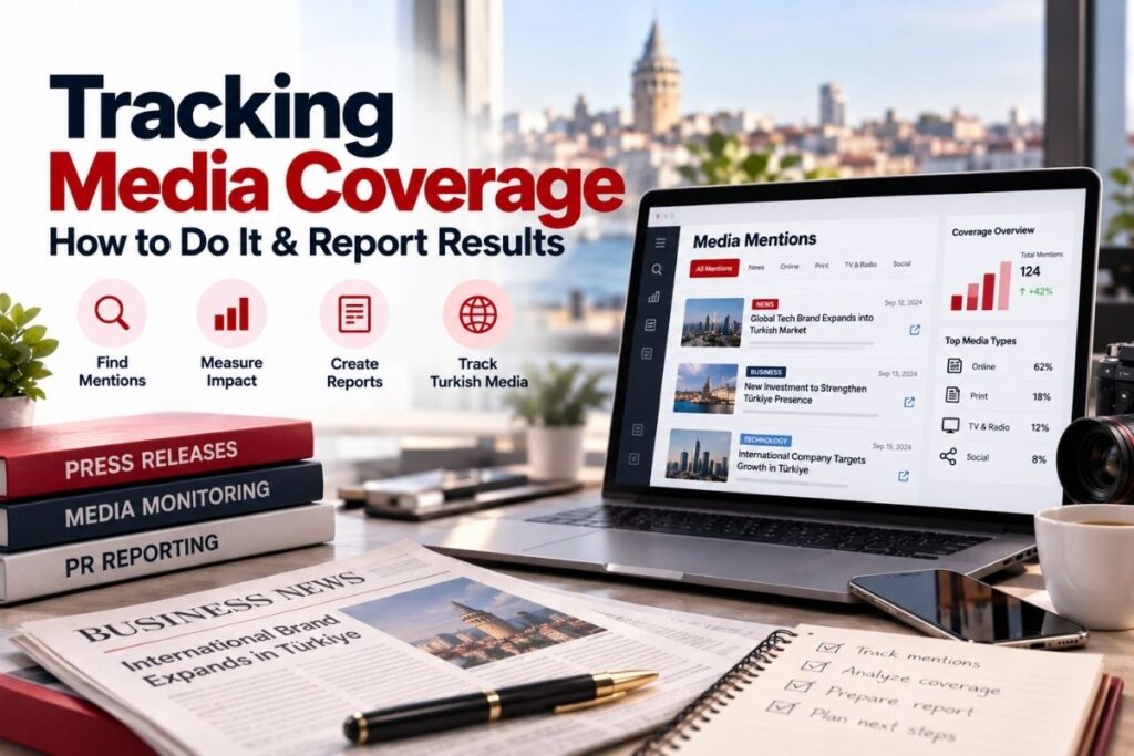 Media coverage tracking dashboard showing press mentions, reporting metrics and Turkish media coverage